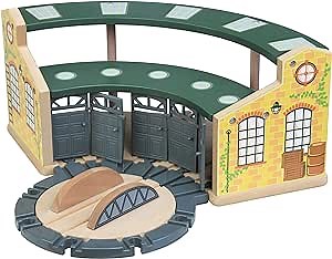 maxim enterprise, inc. Wooden Train Round House Combo with Rotating Turntable, Train Shed to House 5 Engines or Cars, Wooden Train Track Accessories Compatible with Major Brand Railway Sets