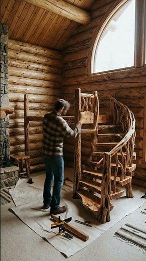 Rustic Log Cabin Bunk Bed with Handcrafted Wood Staircase