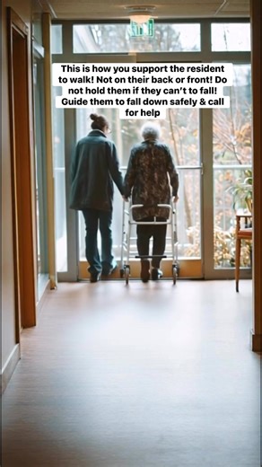When you are supporting a resident who is using a walking frame, always walk side by side with them, not in front or behind. This helps you guide and support them safely without getting in their way. If they start to fall, do not try to carry them because you can injure your back. Gently guide them to the floor and call for help. #fblifestyle #dementiacaregiver | JULI P