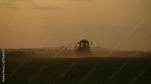 Farming tractor spraying on field with sprayer, herbicides and pesticides at sunset. Farm machinery spraying insecticide to the green field, agricultural natural seasonal spring works.