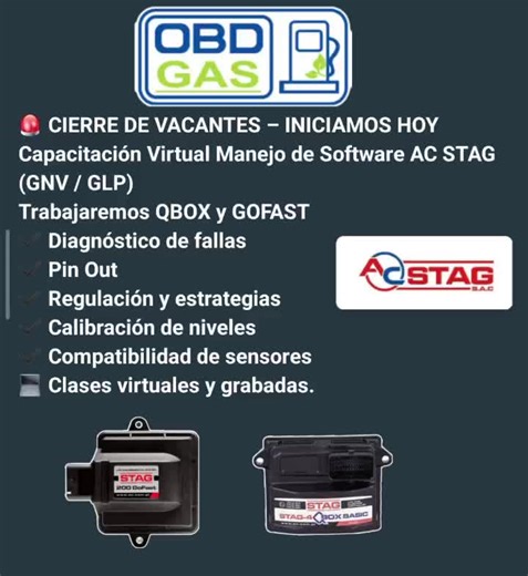 🚨 CIERRE DE VACANTES – INICIAMOS HOY 11 DE MARZO ! Capacitación Virtual MANEJO DE SOFTWARE AC STAG (GNV / GLP) Trabajaremos dos software: 🔧 AC STAG QBOX 🔧 AC STAG GOFAST Veremos: ✔ Full software ✔ Diagnóstico de fallas ✔ Pin Outs ✔ Regulación y estrategias ✔ Calibración de niveles ✔ Compatibilidad de sensores También despejaremos la amplia estrategia que maneja STAG para una correcta calibración. 💻 Clases virtuales y grabadas. ⚠️ No te quedes sin aprender y mejorar tu nivel técnico. 📲 Conta