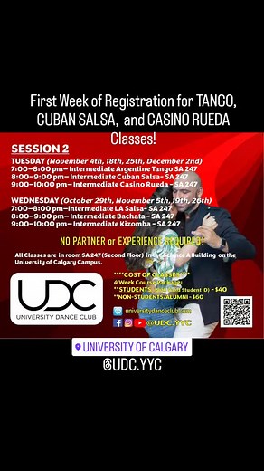 ***FIRST WEEK OF REGISTRATION for Intermediate Tango, Cuban Salsa and Casino Rueda Classes and SECOND WEEK OF REGISTRATION for Intermediate LA Salsa, Bachata and Kizomba Classes Registration starts at 6:00 pm so please COME EARLY. FALL SESSION 2025 SESSION 2: TUESDAY (November 4th, 18th, 25th, December 2nd) 7:00—8:00 pm— Intermediate Argentine Tango SA 247 8:00—9:00 pm— Intermediate Cuban Salsa– SA 247 9:00—10:00 pm— Intermediate Casino Rueda – SA 247 WEDNESDAY (October 29th, November 5th, 19th,