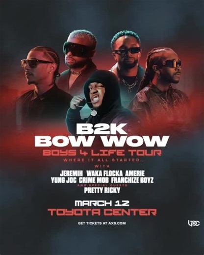 My Events US on Instagram: "Tickets are on sale now for the highly anticipated B2K reunion! Celebrating 25 years, B2K returns with Bow Wow for the Boys 4 Life Tour, also featuring an all-star lineup. Coming to Toyota Center on March 12. #Houston #HoustonTX #HoustonNews #HoustonEvents"