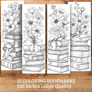 Floral Stacked Books Coloring Bookmarks – Printable PDF Set - Etsy