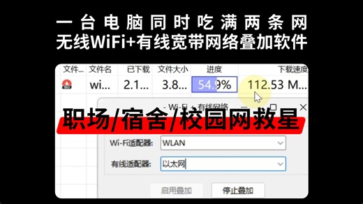 职场/宿舍/校园网直接起飞！真实有效的双网加速方案：无线WiFi 有线宽带叠加使用，双通道并行提速，下载轻松破100MB/s