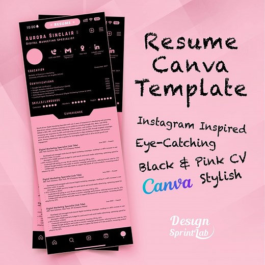 Instagram Inspired Resume Template: Black & Pink Canva CV (PDF) - Etsy