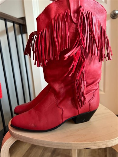 1980s Vintage Red Leather Cowboy Boots With Fringe - Size 8 - Etsy