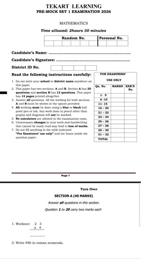 TEKART LEARNING EXAMINATION MATHEMATICS PAPER 2026 . Real questions meets real candidates #exam #ple #2026 #fyppppppppppppppppppppppp #fypシ゚viral