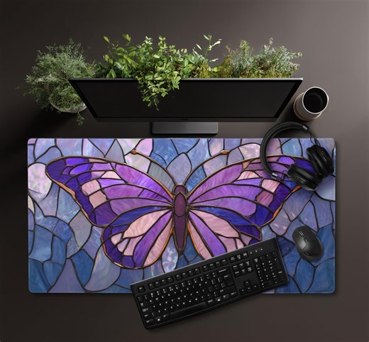 Lilac Butterfly Faux Stained Glass - Desk Mat Purple Decor - Etsy