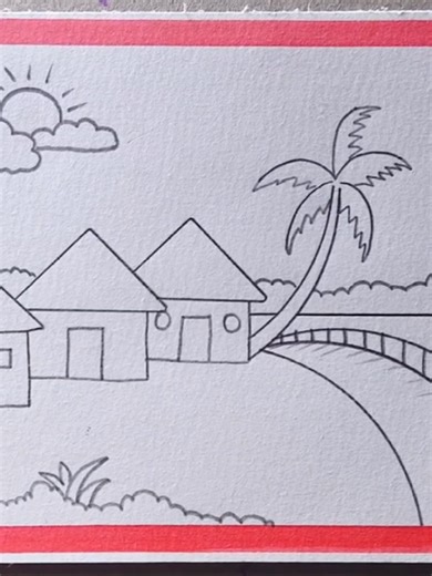 Beautiful Village Scenery Drawing Easy Step by Step | Simple Nature Drawing with Pencil #drawing #pencildrawing #easydrawing #art #abcdrawing