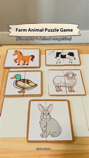 57K views · 410 reactions | Does your child like farm animals? Try this adorable animal-matching puzzle to help them learn through play and strengthen fine motor skills!朗 #montessoriactivities #preschoolactivities #toddleractivities #diyactivitiesforkids #kindergartenactivities #learningthroughplay #animalsactivity | Life with Zion | Facebook