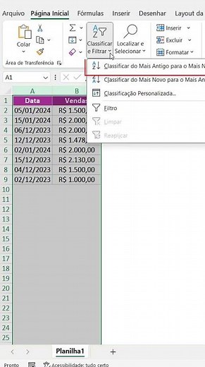 Como Organizar por Data no Excel #Short #excel