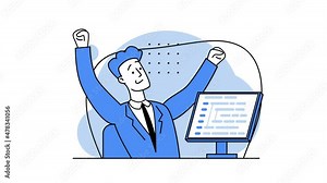 Guy-programmer waves hands to the sides. Joy of successful work. Remote work. Programmer is working on the next big thing. Coding on-screen PC, HTML coding, web development, developer. Looped video.