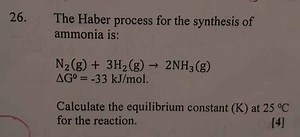 The Haber process for the synthesis of ammonia is: \begin{array... | Filo