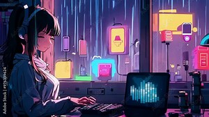 Anime girl typing on a keyboard while rain falls outside neon-lit windows