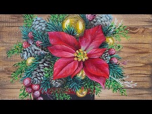 Poinsettia & Pinecones Christmas Bouquet Acrylic Painting LIVE Tutorial