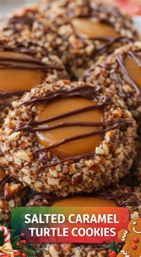 Here’s a recipe for Salted Caramel Turtle Cookies: Ingredients: For the Cookies: 1 cup unsalted butter (softened) 1 cup brown sugar (packed) 1 large egg 1 teaspoon vanilla extract 2 cups all-purpose flour 1/2 teaspoon baking soda 1/2 teaspoon salt 1 ½ cups chopped pecans For the Topping: 1 package of caramels (unwrapped) 2 tablespoons heavy cream 1/2 cup chopped pecans (for rolling) 1/4 cup semi-sweet chocolate chips (for drizzling) A pinch of sea salt (for sprinkling) Instructions: Preheat the 