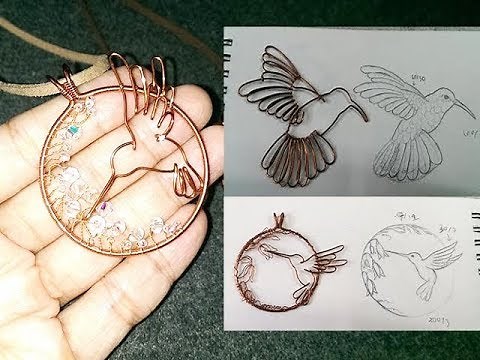 hummingbird with flowers pendant - nature jewelry - handmade jewelry design 277