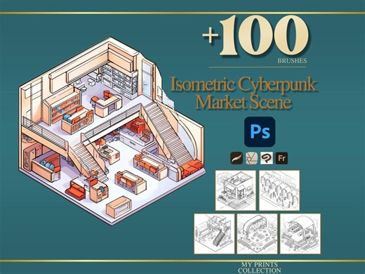 Isometric Cyberpunk Market Scene Photoshop Brushes & Procreate Stamps – 100  Tattoo, Digital Art, Clipart, Line Art, Stencil - Etsy