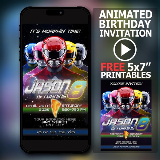 Power Rangers Animated Birthday Invitation Personalized: Fast Digital Delivery - Etsy
