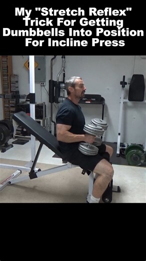 Nick Nilsson on Instagram: "My "stretch reflex" trick for getting dumbbells into position for Incline Dumbbell Bench Press. If you have a hard time getting dumbbells into position with fatiguing yourself on the first rep, this is for you. This is what I'VE found to work best for me - you may have learned another way that works for you! I've used it with dumbbells up to 125 lbs (not recently but in the past :). It allows me to get the weights into position without overly fatiguing myself from it.