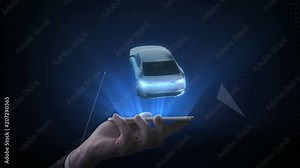 Lifting smart phone, mobile, Rotating Electronic, hybrid, lithium ion battery echo car. scanning inside view with user interface, eco-friendly future car. 4k movie.2.