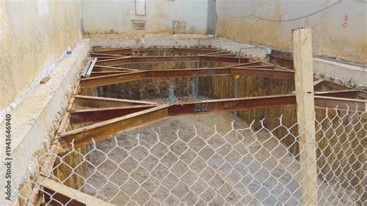 Construction site with a deep excavation supported by a temporary shoring system of steel beams, preparing the ground for laying the foundation of a new building project
