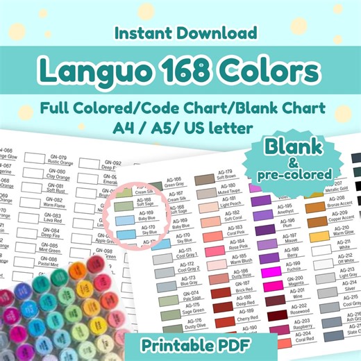 Languo 168 Colors Swatch Chart Printable, Marker Color Chart Sheet, Alcohol Marker Organizer, Color Code Chart PDF A4 A5 US Letter - Etsy UK