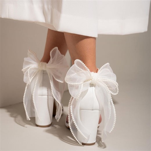 White Wedding Shoes for Bride With Organza Bow – Leather Bridal & Reception Shoes - Etsy