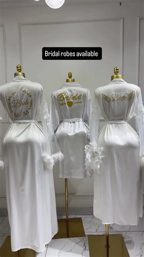 shivias pajamas & robes planet on Instagram: "Bridal robes now available in various colours Feathery robe @3k Silk short @1500 Comes plain we brand on request @350 Inside slip dresses available too"