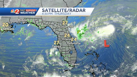 Latest satellite/radar loop shows a nice burst of storms on the north side of #Invest92L. Breezy conditions continue across Florida right now and will continue into Friday as as this feature moves across FL/GA. #weshwx | Tony Mainolfi, WESH