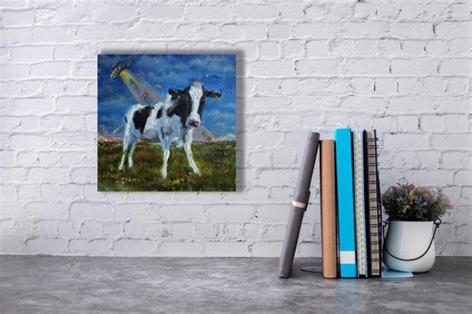 Alien Abduction Cow Oil Painting Original – Surreal UFO Farm Art, Funny Cow Painting, Sci-fi Wall Decor, Small Canvas - Etsy
