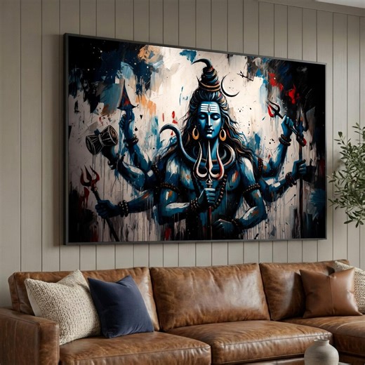 Lord Shiva Multiarms Painting Canvas, Spiritual Hindu God Wall Art, Trishul and Damru Decor, Blue Abstract Religious Luxury Home Decor - Etsy