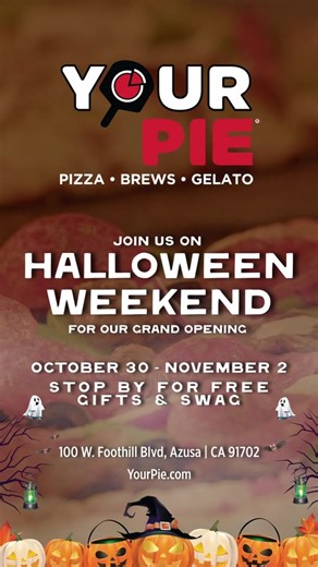 Join Your Pie Azusa for our GRAND OPENING on Halloween weekend! 🎃 From October 30th to November 2nd, we will be providing delicious pizzas and free gifts for the holiday spirit! 🍕 Visit and follow our page for a chance to eat free pizza before our grand opening! | Your Pie