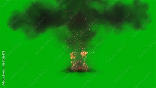 Massive fiery explosion with rising smoke on green screen background for visual effects.