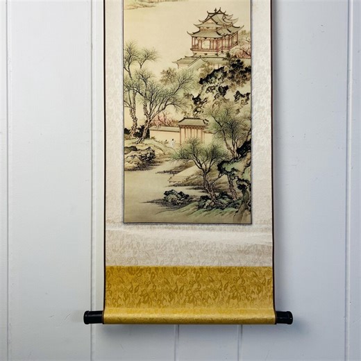 Vintage 1956 Chinese Silk Hanging Scroll "spring Colour in Mountain Residence" Handmade Landscape Painting Wuzhong Stamp - Etsy UK