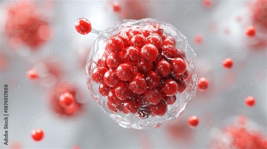 Plump red fat cell bursting with glossy surface and transparent membrane microscopic view showing detailed biological cell structure and medical
