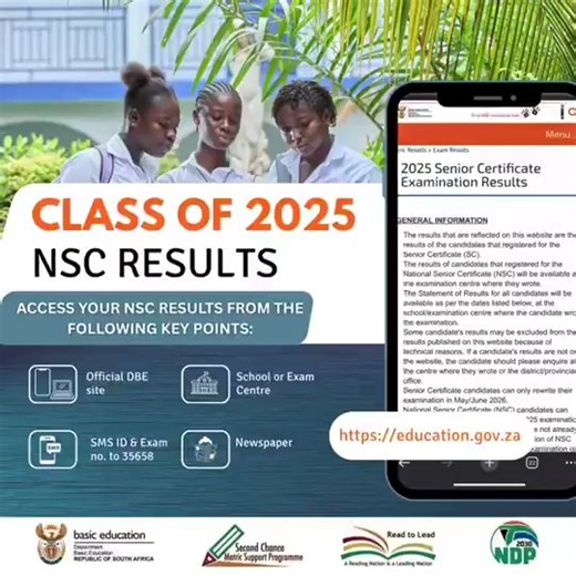 🔍 How to check your Matric 2025 Results – official channels below: 1️⃣ Website/App – Visit DBE website or use the DBE Results app 2️⃣ SMS/USSD – SMS your exam no. to 35658 or dial *120*35658# 3️⃣ School – Collect printed statements from your exam centre 4️⃣ Newspapers – Check local papers using your exam number Stay tuned to official pages for updates. All the best, Class of 2025! 🎓 #GovZAUpdates #nsc2025 #matric | South African Government