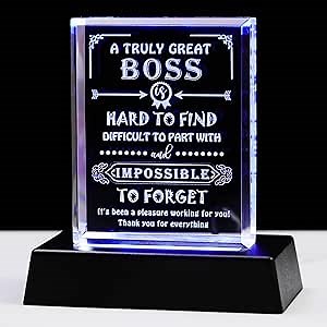 Movdyka Boss Gifts for Men Women Crystal Keepsake Best Boss Ever Appreciation Gifts for Boss Lady Christmas Boss Day Desk Decoration with Led Base