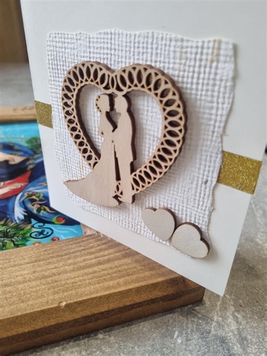 Handmade Wedding Card with Wooden Bride and Groom, Luxury Anniversary Card, Rustic Wedding Keepsake, Unique Marriage Congratulations