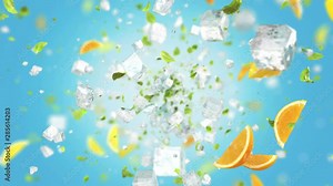 Exploding frosted ice cube with fruits and leafs in 4K