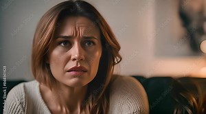 Scared and Emotional Woman Crying: Stress and Anger in Living Room