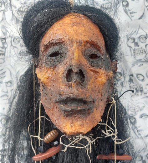 Handmade Paper Pulp Shrunken Head Sculpture With Skull Beads - Etsy