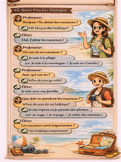 🎒 Learn French with simple conversations! Today’s topic: Les vacances (Holidays) 🌴 Practice easy questions and answers about: 📍 Where you go 👨‍👩‍👧 Who you go with 📸 What you do during holidays 💬 Simple sentences for beginners to improve speaking confidence step by step! 🎒 Học tiếng Pháp qua hội thoại đơn giản về kỳ nghỉ. Câu ngắn – dễ nhớ – dễ áp dụng cho người mới bắt đầu! #LearnFrench #FrenchForBeginners #TCFCanada #FLE #FrenchVocabulary #LesVacances #FrenchConversation #StudyFrench #