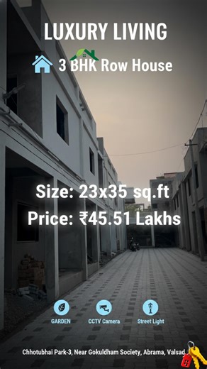 Manish Constructions & Developer on Instagram: "✨ Ready 3BHK Row House – Live Smart, Live Secure ✨ 🏡 Plot Size: 23×35 sq.ft 💰 Price: ₹45.51 Lakh ——————————————————————— 📞 DM now for site visit :- 8200691979 ——————————————————————— 🌿 Garden – fresh air & peaceful vibes 🥕 Garden Space – healthy lifestyle living 🎥 24×7 CCTV Security – complete safety 💡 Street Lights – bright & secure nights 👨‍👩‍👧‍👦 Limited Society – peaceful community living 📍 Chotubhai Park-3, near Gokuldham Society, A