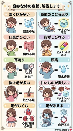 【体からの警告】その違和感、実は栄養不足かも？「奇妙な10の症状」の正体を図解解説｜あくび・口臭・しびれ・甘いもの欲求の原因と対策
