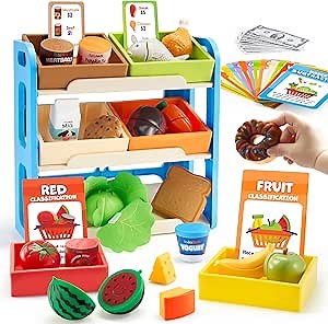 lalalark Play Food for Toddlers, Kids Grocery Store Playset, Pretend Kitchen Food Toy with Storage Shelves & 6 Boxes, Sorting Sensory Toy for Boys Girls Birthday Gifts for Christmas