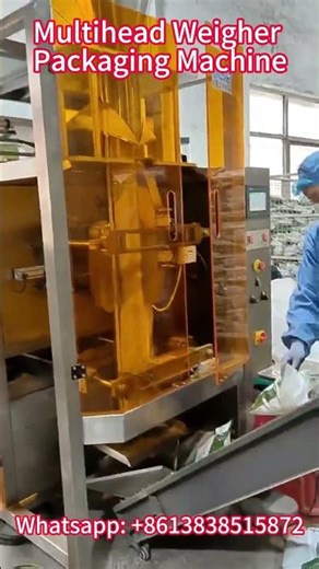 Multihead weigher packaging machine for packaging french fries, potato chips, popcorn, and snacks.