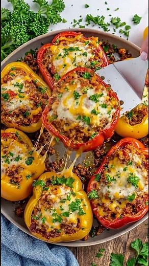 Cheesy Ground Beef Stuffed Peppers | Easy Oven Baked Dinner Recipe