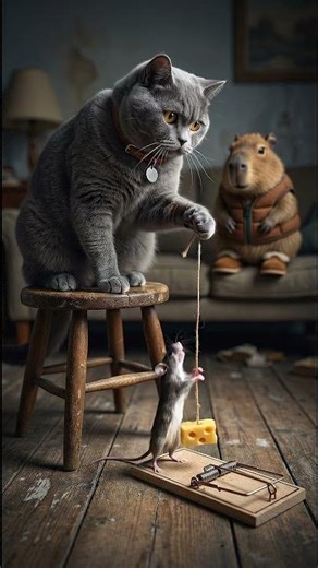 Will the cat trigger the trap? The Mouse Couldn’t Resist… Mochi’s Clever String Setup. #CatShorts
